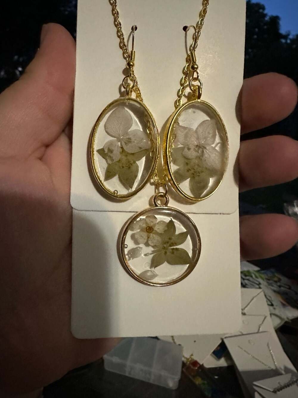 Handmade Real Pressed Flower Resin Gold-Tone Pendant Necklace and Earrings Set